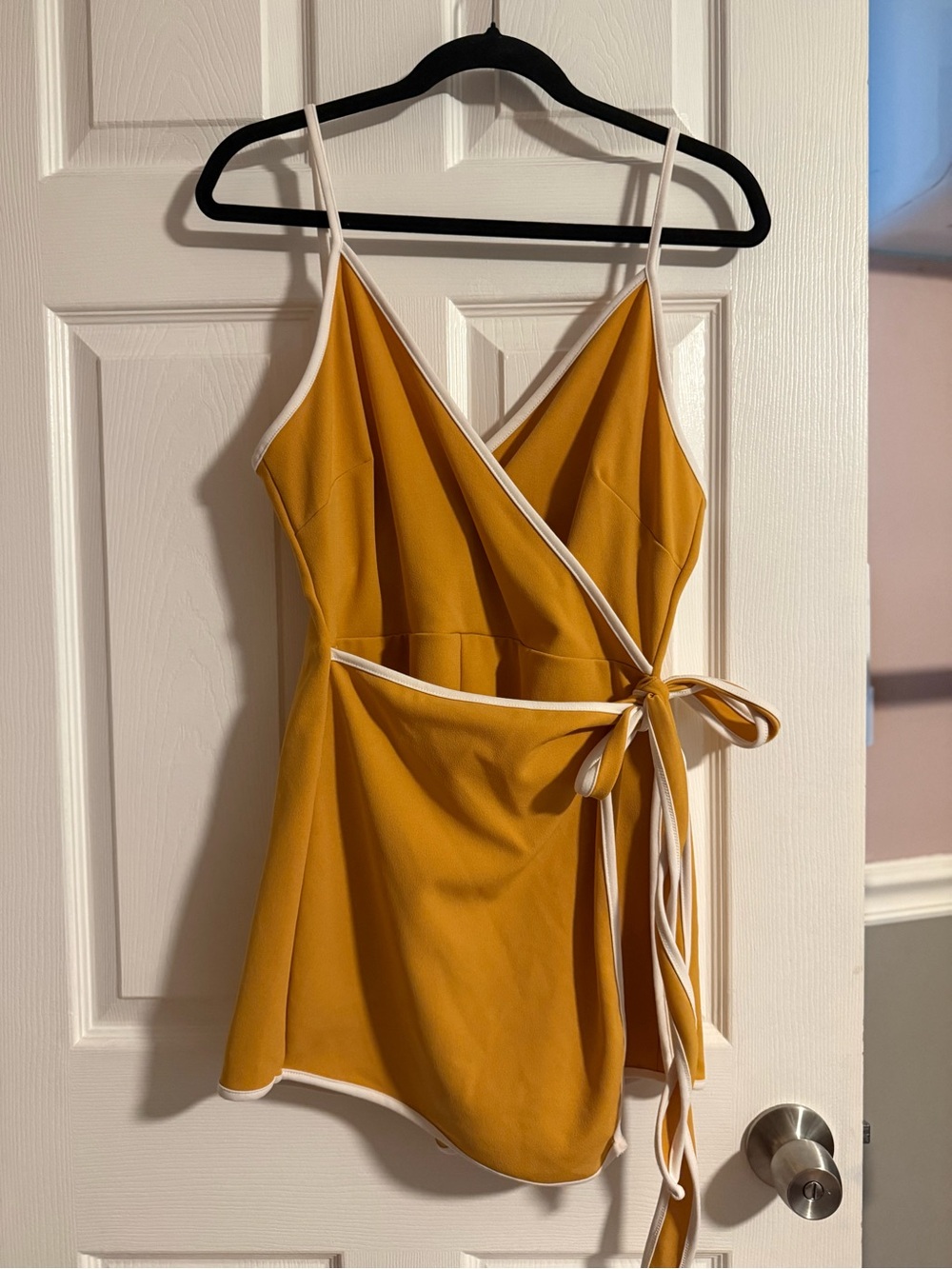 Mustard Wrap Romper with White Contrast Trim